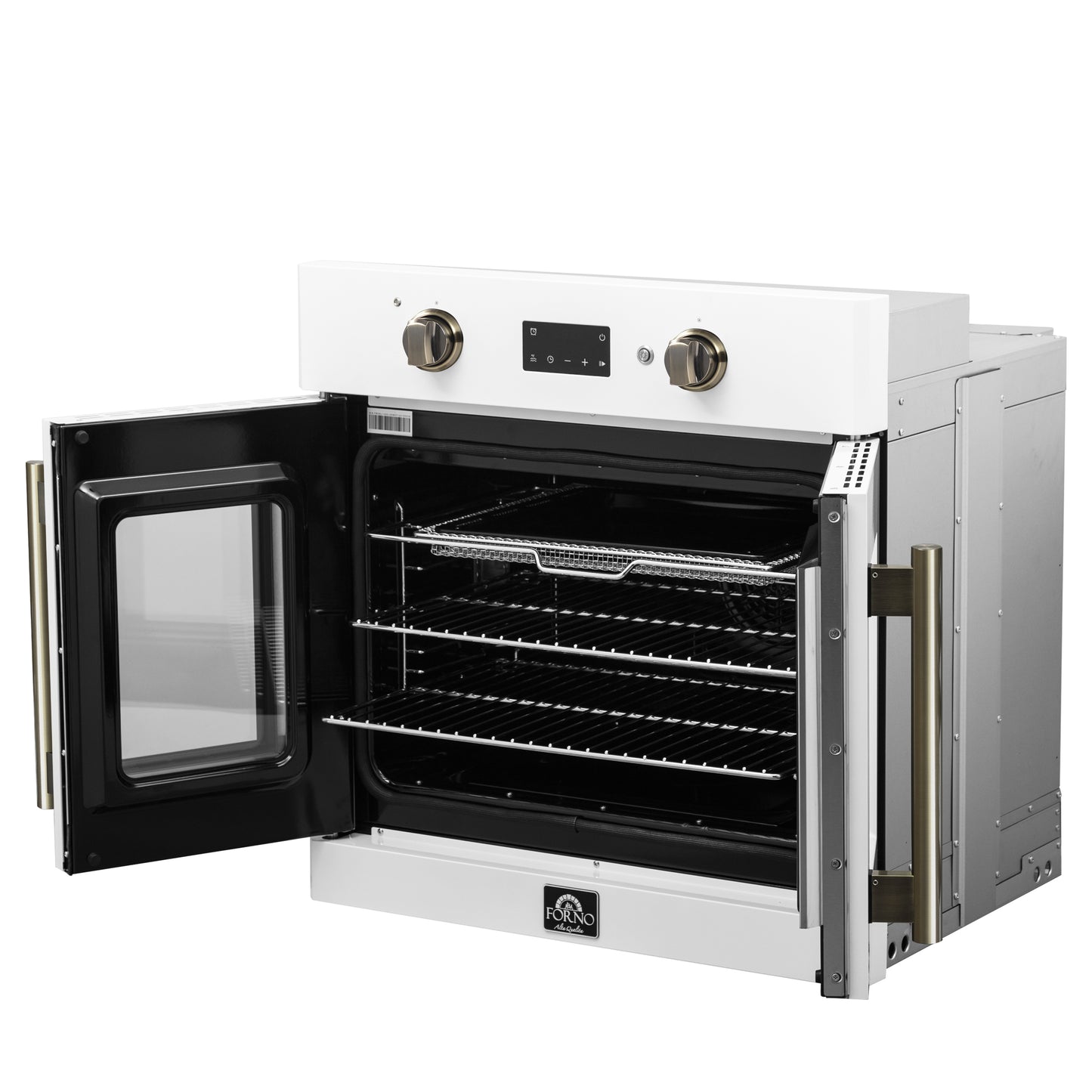 Horno eléctrico de pared Forno Asti de 30 pulgadas con puerta francesa en blanco y latón antiguo, 3,68 pies cúbicos, convección real, 3600 W, freidora de aire, sous vide, autolimpieza