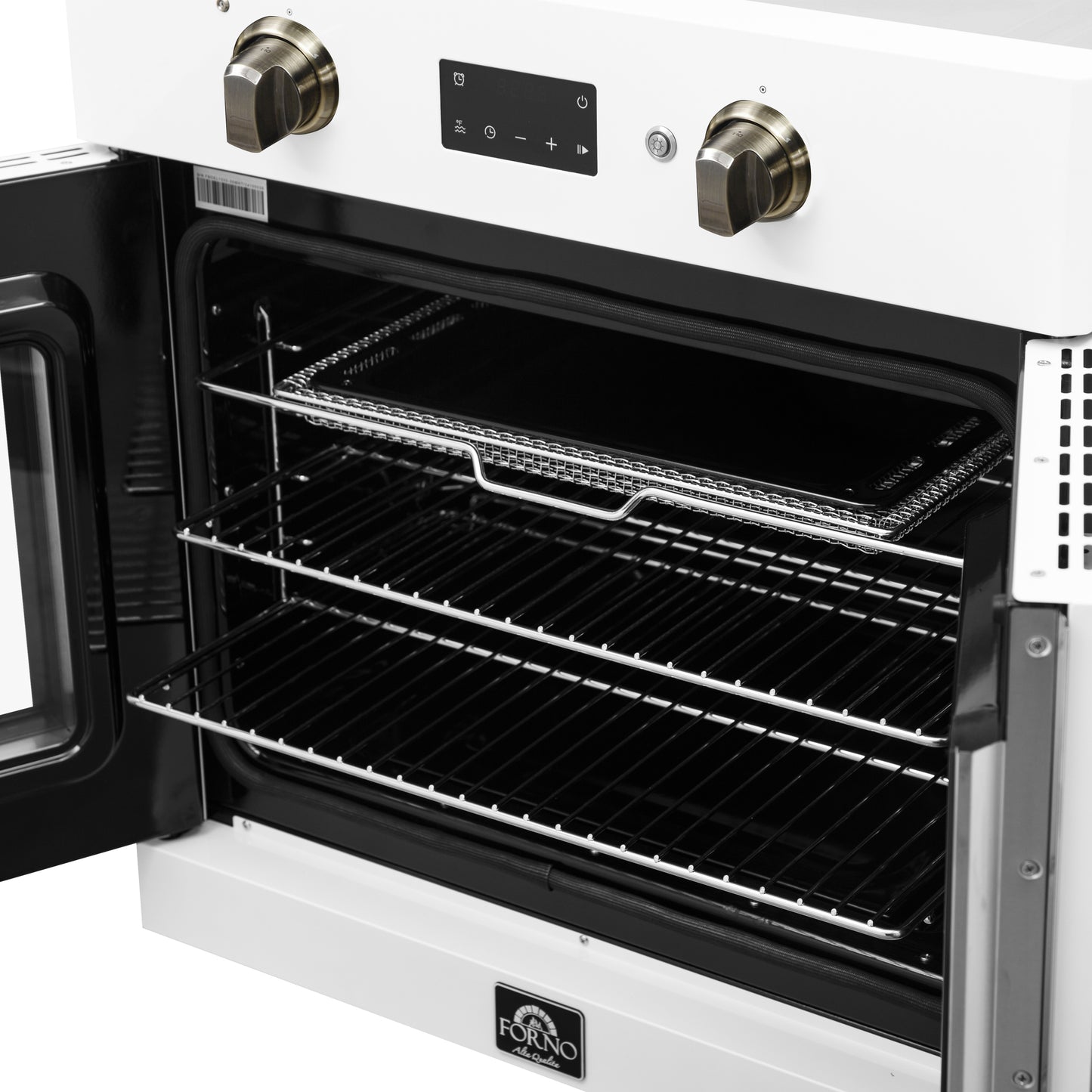 Horno eléctrico de pared Forno Asti de 30 pulgadas con puerta francesa en blanco y latón antiguo, 3,68 pies cúbicos, convección real, 3600 W, freidora de aire, sous vide, autolimpieza