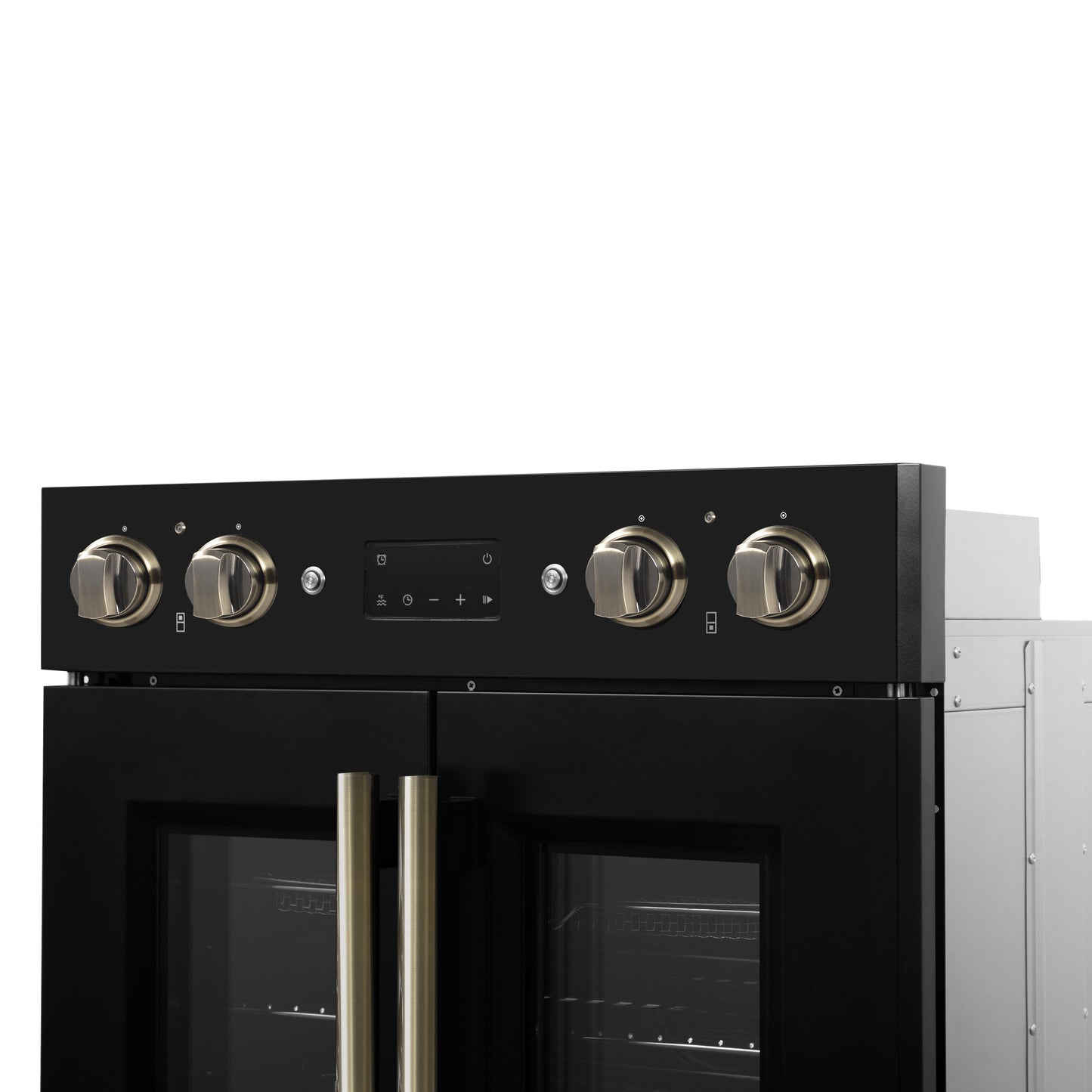 Four mural électrique double Forno Asti de 30 pouces avec portes françaises supérieures, noir et laiton antique, 7,36 pi³, double convection véritable, 7 200 W, friture à air, cuisson sous vide, autonettoyage