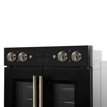 Four mural électrique double Forno Asti de 30 pouces avec portes françaises supérieures, noir et laiton antique, 7,36 pi³, double convection véritable, 7 200 W, friture à air, cuisson sous vide, autonettoyage