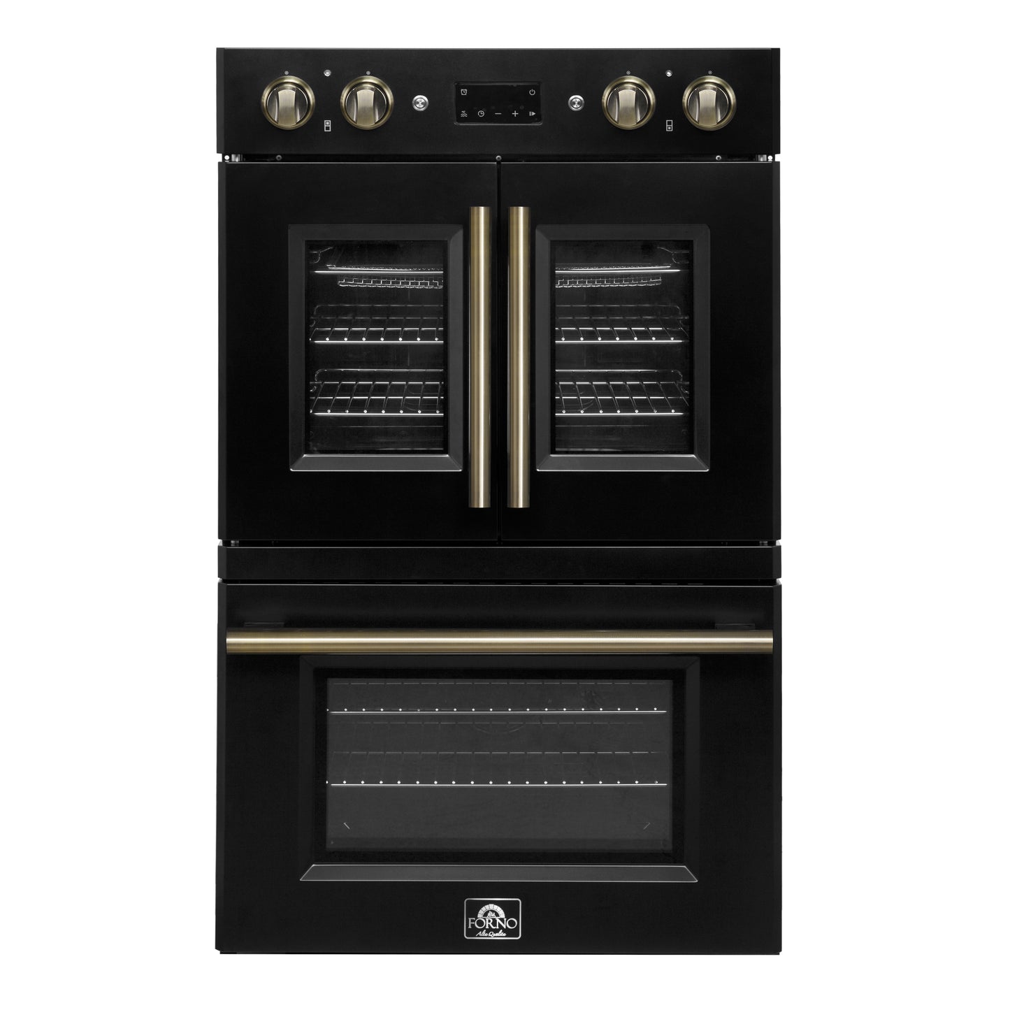 Four mural électrique double Forno Asti de 30 pouces avec portes françaises supérieures, noir et laiton antique, 7,36 pi³, double convection véritable, 7 200 W, friture à air, cuisson sous vide, autonettoyage
