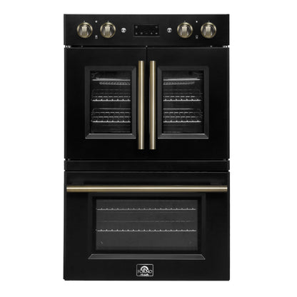 Four mural électrique double Forno Asti de 30 pouces avec portes françaises supérieures, noir et laiton antique, 7,36 pi³, double convection véritable, 7 200 W, friture à air, cuisson sous vide, autonettoyage