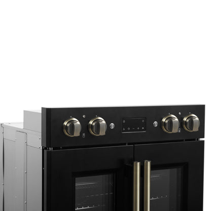 Four mural électrique double Forno Asti de 30 pouces avec portes françaises supérieures, noir et laiton antique, 7,36 pi³, double convection véritable, 7 200 W, friture à air, cuisson sous vide, autonettoyage