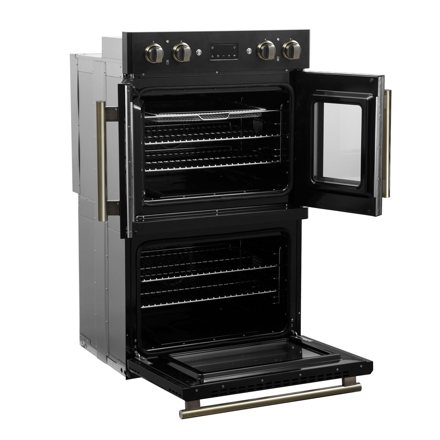 Four mural électrique double Forno Asti de 30 pouces avec portes françaises supérieures, noir et laiton antique, 7,36 pi³, double convection véritable, 7 200 W, friture à air, cuisson sous vide, autonettoyage