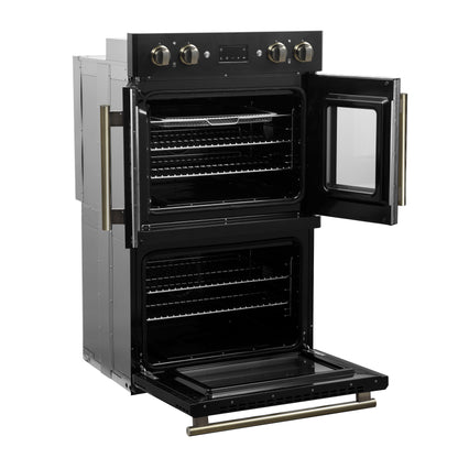 Four mural électrique double Forno Asti de 30 pouces avec portes françaises supérieures, noir et laiton antique, 7,36 pi³, double convection véritable, 7 200 W, friture à air, cuisson sous vide, autonettoyage