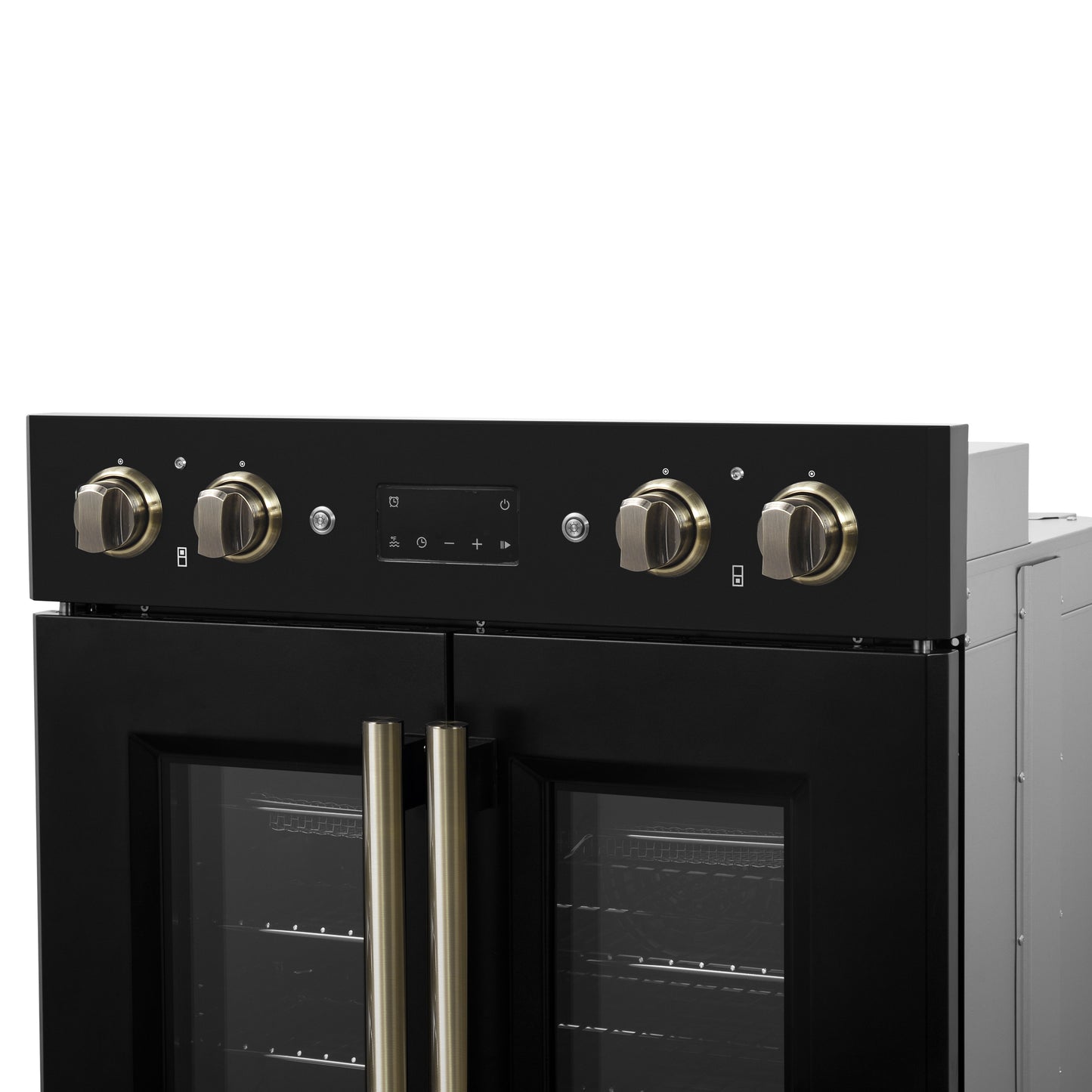 Four mural électrique double Forno Asti de 30 pouces avec portes françaises supérieures, noir et laiton antique, 7,36 pi³, double convection véritable, 7 200 W, friture à air, cuisson sous vide, autonettoyage