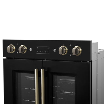 Four mural électrique double Forno Asti de 30 pouces avec portes françaises supérieures, noir et laiton antique, 7,36 pi³, double convection véritable, 7 200 W, friture à air, cuisson sous vide, autonettoyage