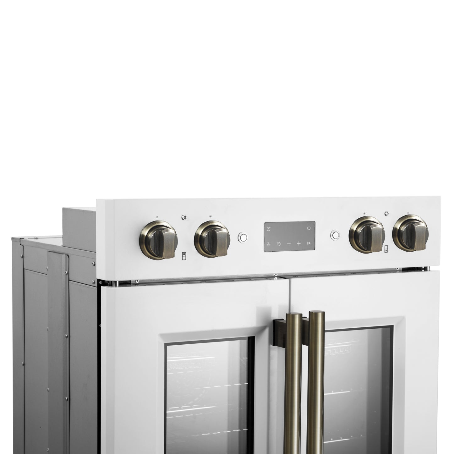 Horno de pared eléctrico doble Forno Asti de 30 pulgadas con puertas francesas superiores en blanco y latón antiguo, 7.36 pies cúbicos, doble convección real, 7200 W, freidora de aire, sous vide, autolimpieza