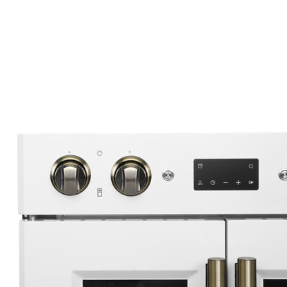 Horno de pared eléctrico doble Forno Asti de 30 pulgadas con puertas francesas superiores en blanco y latón antiguo, 7.36 pies cúbicos, doble convección real, 7200 W, freidora de aire, sous vide, autolimpieza