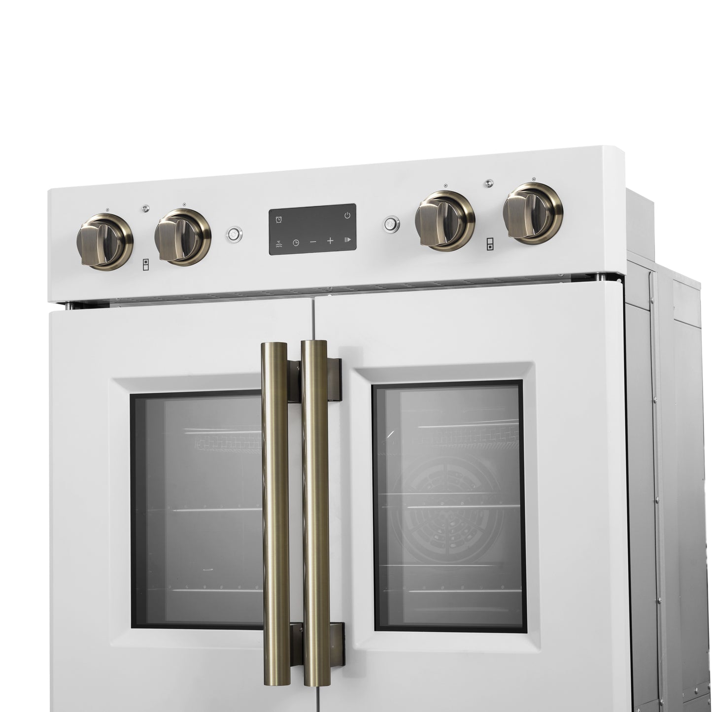 Horno de pared eléctrico doble Forno Asti de 30 pulgadas con puertas francesas superiores en blanco y latón antiguo, 7.36 pies cúbicos, doble convección real, 7200 W, freidora de aire, sous vide, autolimpieza