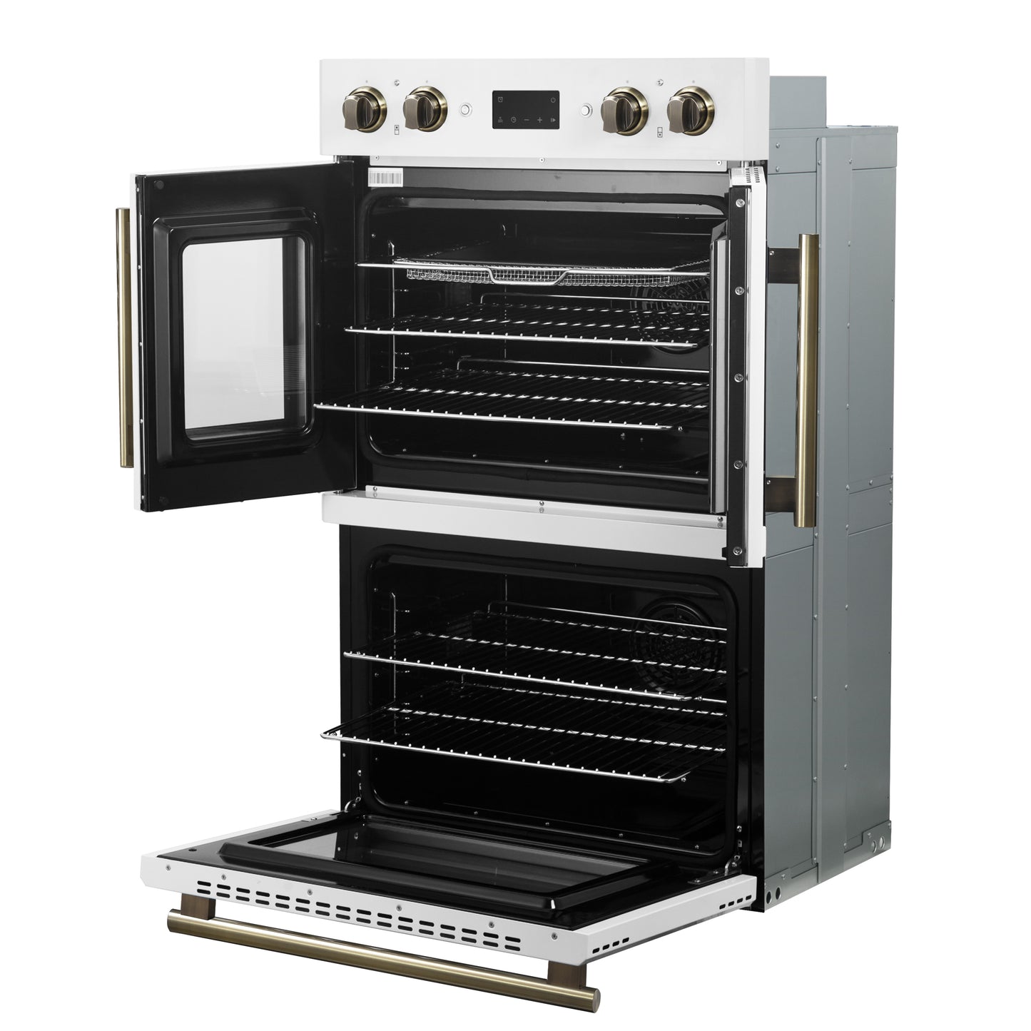 Horno de pared eléctrico doble Forno Asti de 30 pulgadas con puertas francesas superiores en blanco y latón antiguo, 7.36 pies cúbicos, doble convección real, 7200 W, freidora de aire, sous vide, autolimpieza