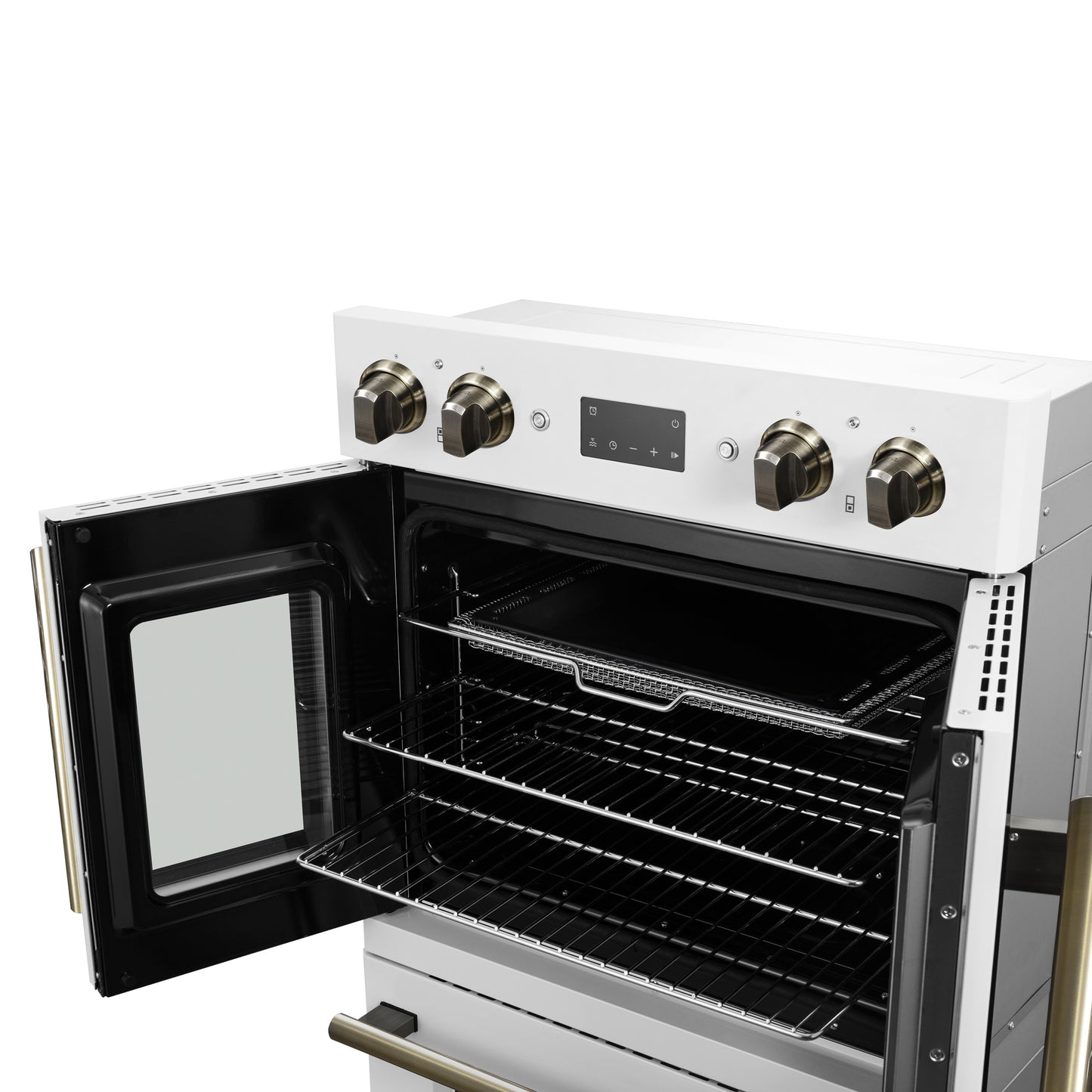 Horno de pared eléctrico doble Forno Asti de 30 pulgadas con puertas francesas superiores en blanco y latón antiguo, 7.36 pies cúbicos, doble convección real, 7200 W, freidora de aire, sous vide, autolimpieza