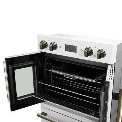 Horno de pared eléctrico doble Forno Asti de 30 pulgadas con puertas francesas superiores en blanco y latón antiguo, 7.36 pies cúbicos, doble convección real, 7200 W, freidora de aire, sous vide, autolimpieza