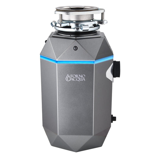 Triturador de basura ultra silencioso FORNO ACQUA BrightDIAMOND Black Onyx de 3/4 HP con cable, sensor de movimiento, luz de gabinete e interruptor de aire precableado