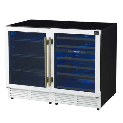 Forno Gemello Refroidisseur à vin et à boissons côte à côte de 48 pouces en blanc avec poignées en laiton antique, porte française, 9,6 pi³ pi.