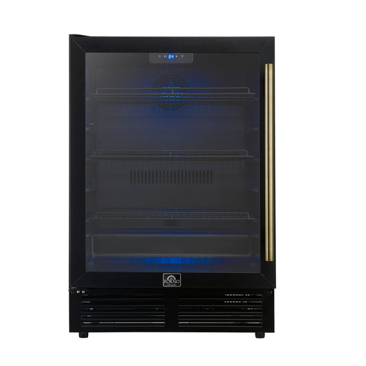 Enfriador de bebidas Forno Frescolino de 24 pulgadas, negro con manijas de latón antiguo, con iluminación LED, puerta de triple vidrio, capacidad para 188 latas, empotrado o independiente