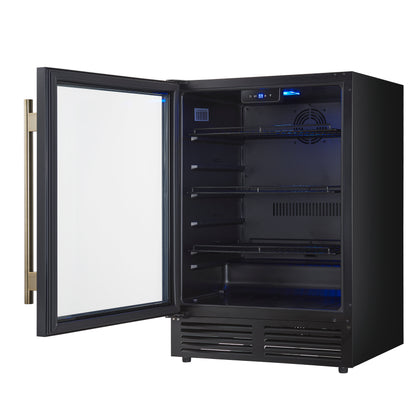 Enfriador de bebidas Forno Frescolino de 24 pulgadas, negro con manijas de latón antiguo, con iluminación LED, puerta de triple vidrio, capacidad para 188 latas, empotrado o independiente