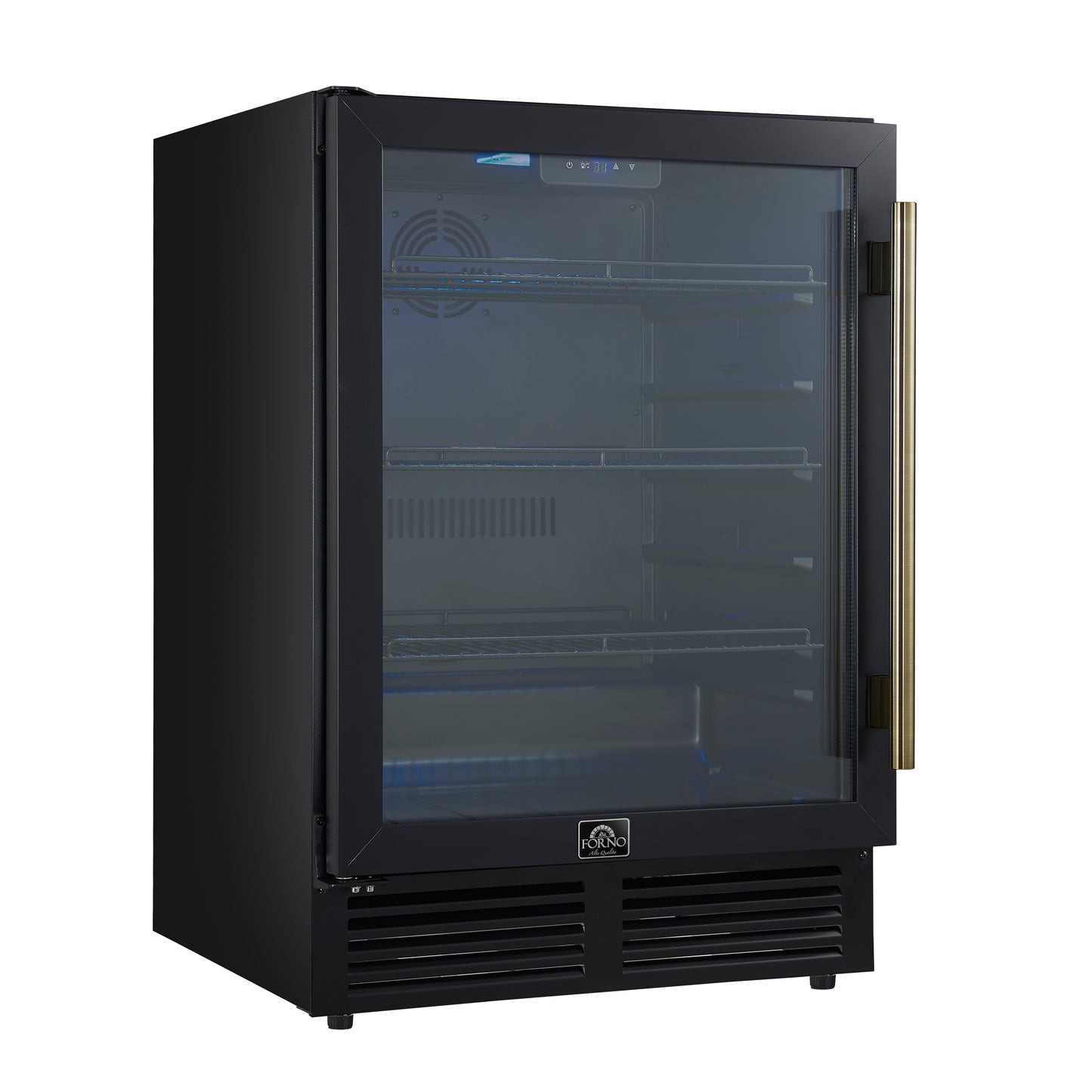 Enfriador de bebidas Forno Frescolino de 24 pulgadas, negro con manijas de latón antiguo, con iluminación LED, puerta de triple vidrio, capacidad para 188 latas, empotrado o independiente