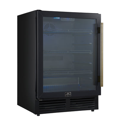 Enfriador de bebidas Forno Frescolino de 24 pulgadas, negro con manijas de latón antiguo, con iluminación LED, puerta de triple vidrio, capacidad para 188 latas, empotrado o independiente