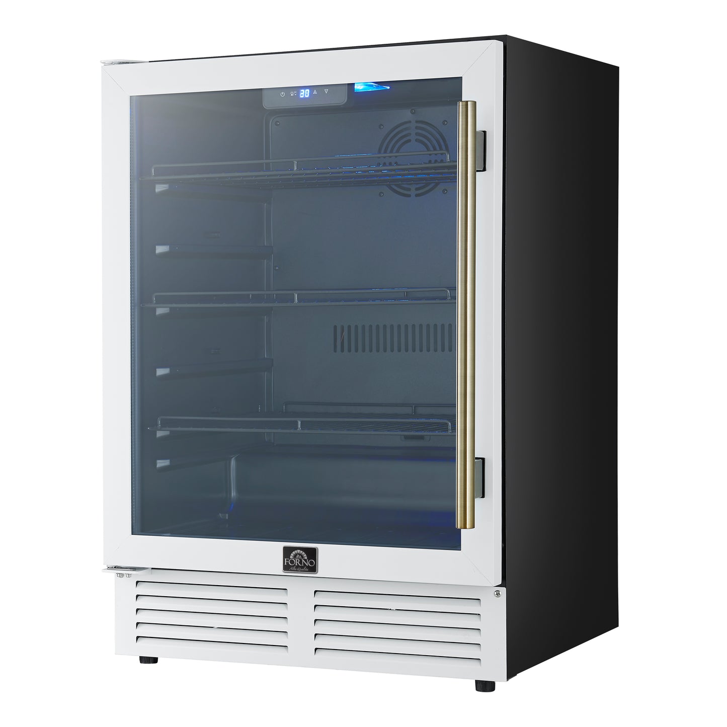 Enfriador de bebidas Forno Frescolino de 24 pulgadas, blanco con manijas de latón antiguo, con iluminación LED, puerta de triple vidrio, capacidad para 188 latas, empotrado o independiente