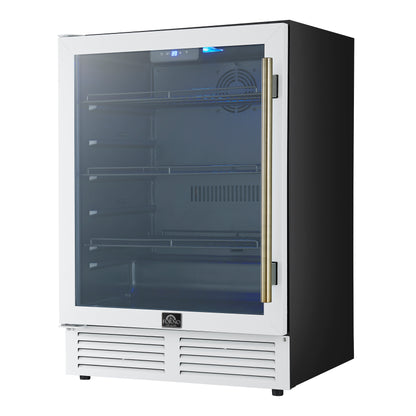 Enfriador de bebidas Forno Frescolino de 24 pulgadas, blanco con manijas de latón antiguo, con iluminación LED, puerta de triple vidrio, capacidad para 188 latas, empotrado o independiente