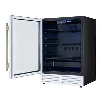 Enfriador de bebidas Forno Frescolino de 24 pulgadas, blanco con manijas de latón antiguo, con iluminación LED, puerta de triple vidrio, capacidad para 188 latas, empotrado o independiente