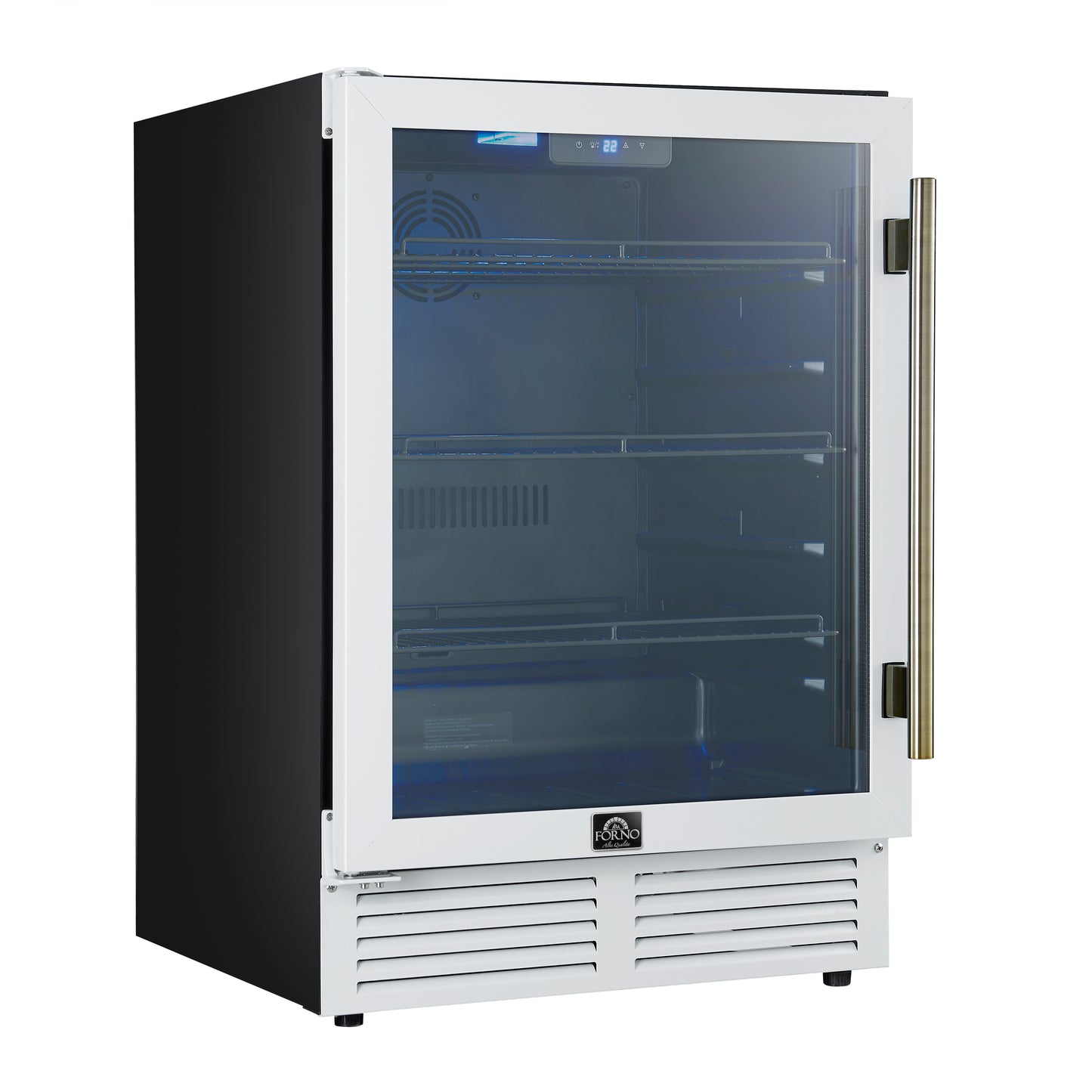 Enfriador de bebidas Forno Frescolino de 24 pulgadas, blanco con manijas de latón antiguo, con iluminación LED, puerta de triple vidrio, capacidad para 188 latas, empotrado o independiente