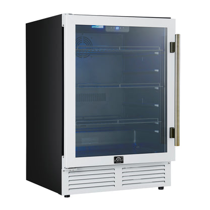 Enfriador de bebidas Forno Frescolino de 24 pulgadas, blanco con manijas de latón antiguo, con iluminación LED, puerta de triple vidrio, capacidad para 188 latas, empotrado o independiente