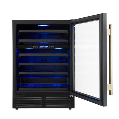 Forno Bacchino 24 Inch Wine Cooler, Black with Antique Brass Handles, with LED Lighting, Triple Glass Door, 51 Bottle Capacity, Built-In or Freestanding