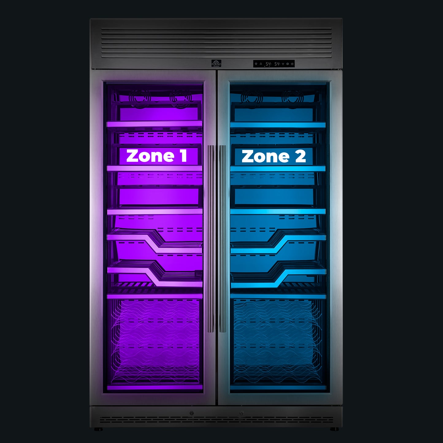 Cava de vinos FORNO Abruzzo de 48 pulgadas con doble zona, 102 botellas, 24 pies cúbicos, soportes de acrílico transparente y estantes con molduras de acero inoxidable