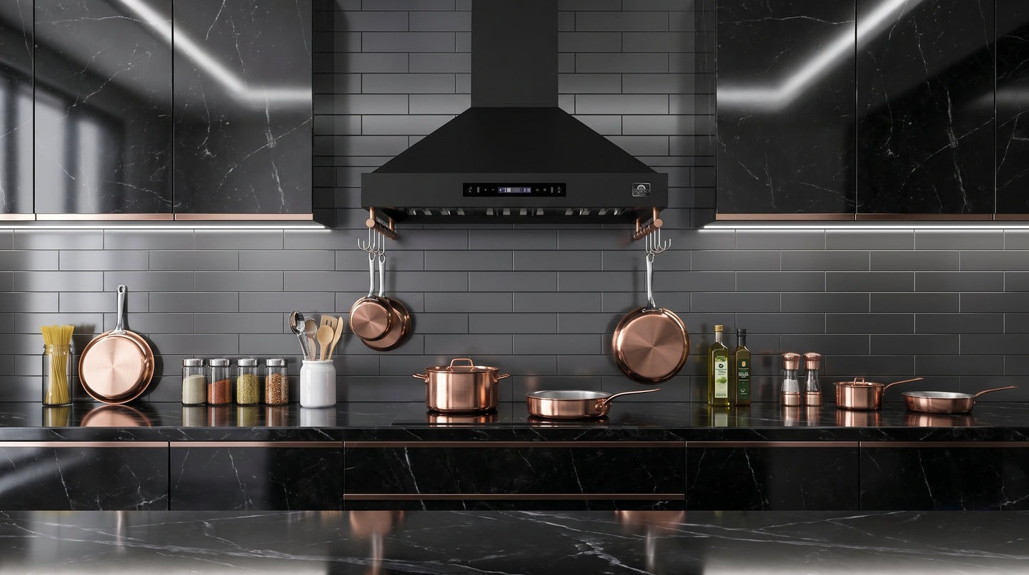 Forno Venezia 36 Inch Wall-Mounted Range Hood in Black with Touch Controls and Baffle Filters - Forno Appliances