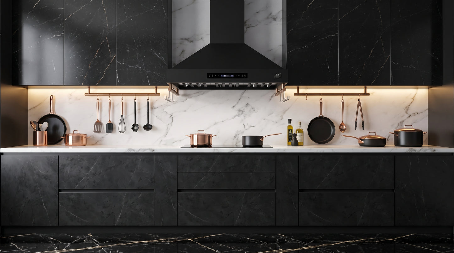 Forno Venezia 36 Inch Wall-Mounted Range Hood in Black with Touch Controls and Baffle Filters - Forno Appliances