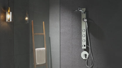 Forno Acqua AcquaSPA Shower Panel with SensoTEMP, Mirrored Stainless Steel Finish, Overhead Rainfall Shower, Handheld Shower Head, Body Jets, 1.8 GPM Flow Rate