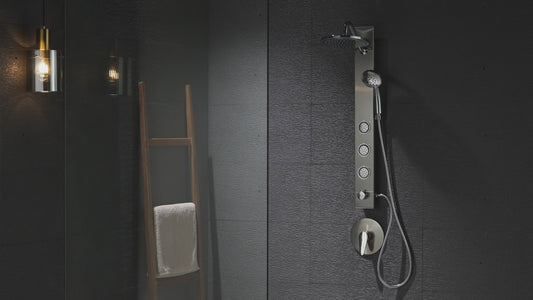 Forno Acqua AcquaSPA Shower Panel with SensoTemp, Stainless Steel, Overhead Rainfall Shower, Handheld Shower Head, Body Jets, 1.8 GPM Flow Rate