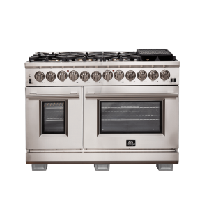 FORNO Capriasca 48-inch Dual Fuel Range All Stainless Steel, 8 Brass Burners, 6.58 cu.ft. Double Ovens
