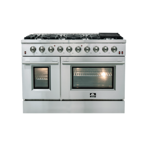 FORNO Galiano 48-inch Gas Range Stainless Steel, 8 Burners, 107,000 BTU, Griddle, 6.58 cu.ft. Double Ovens