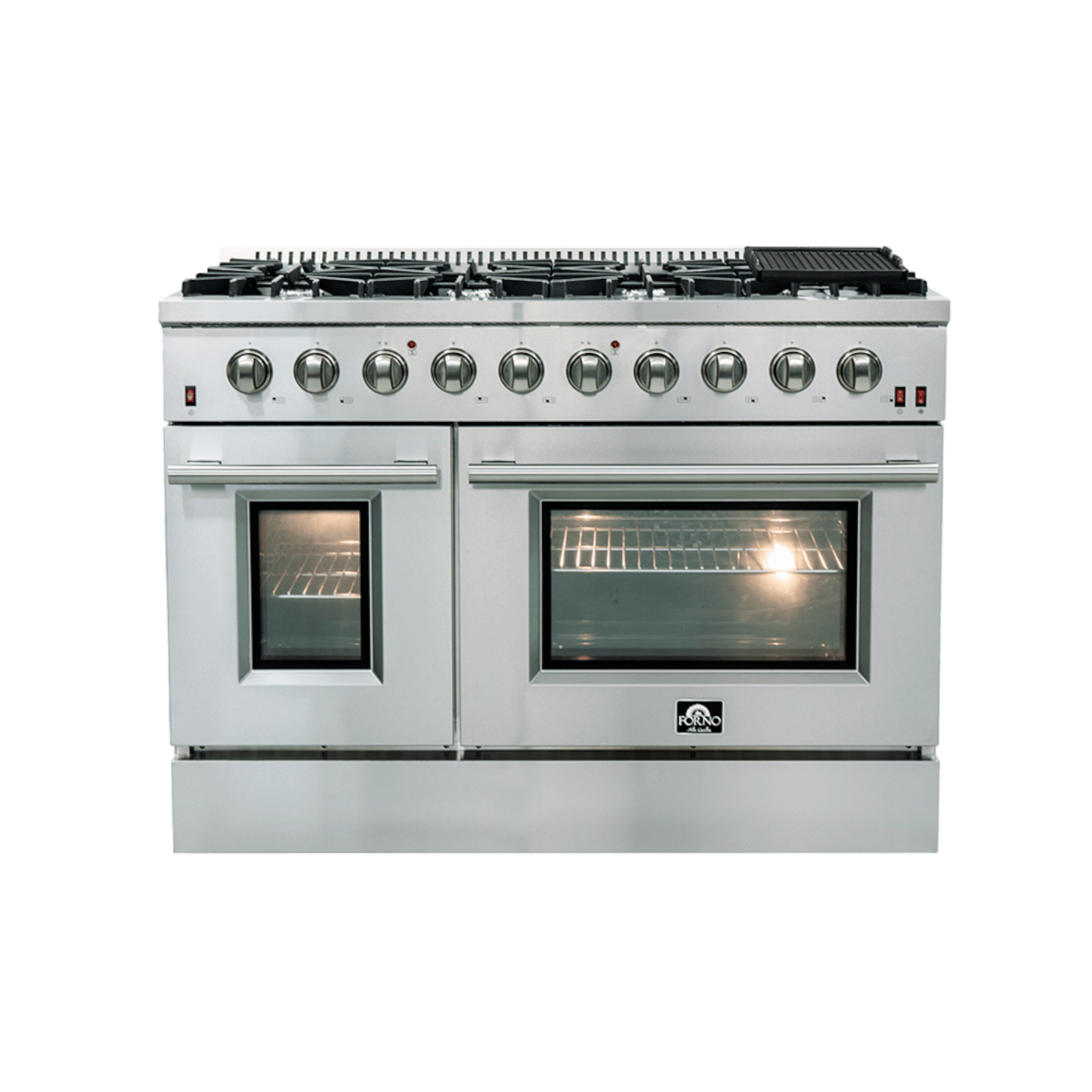 FORNO Galiano 48-inch Gas Range Stainless Steel, 8 Burners, 107,000 BTU, Griddle, 6.58 cu.ft. Double Ovens