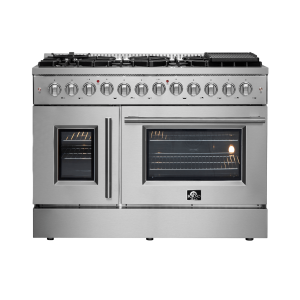 FORNO Galiano 48-Inch French Door Dual Fuel Range All Stainless Steel, 8 Sealed Burners - 107,000 BTU, Griddle, 6.58 cu.ft. Double Ovens