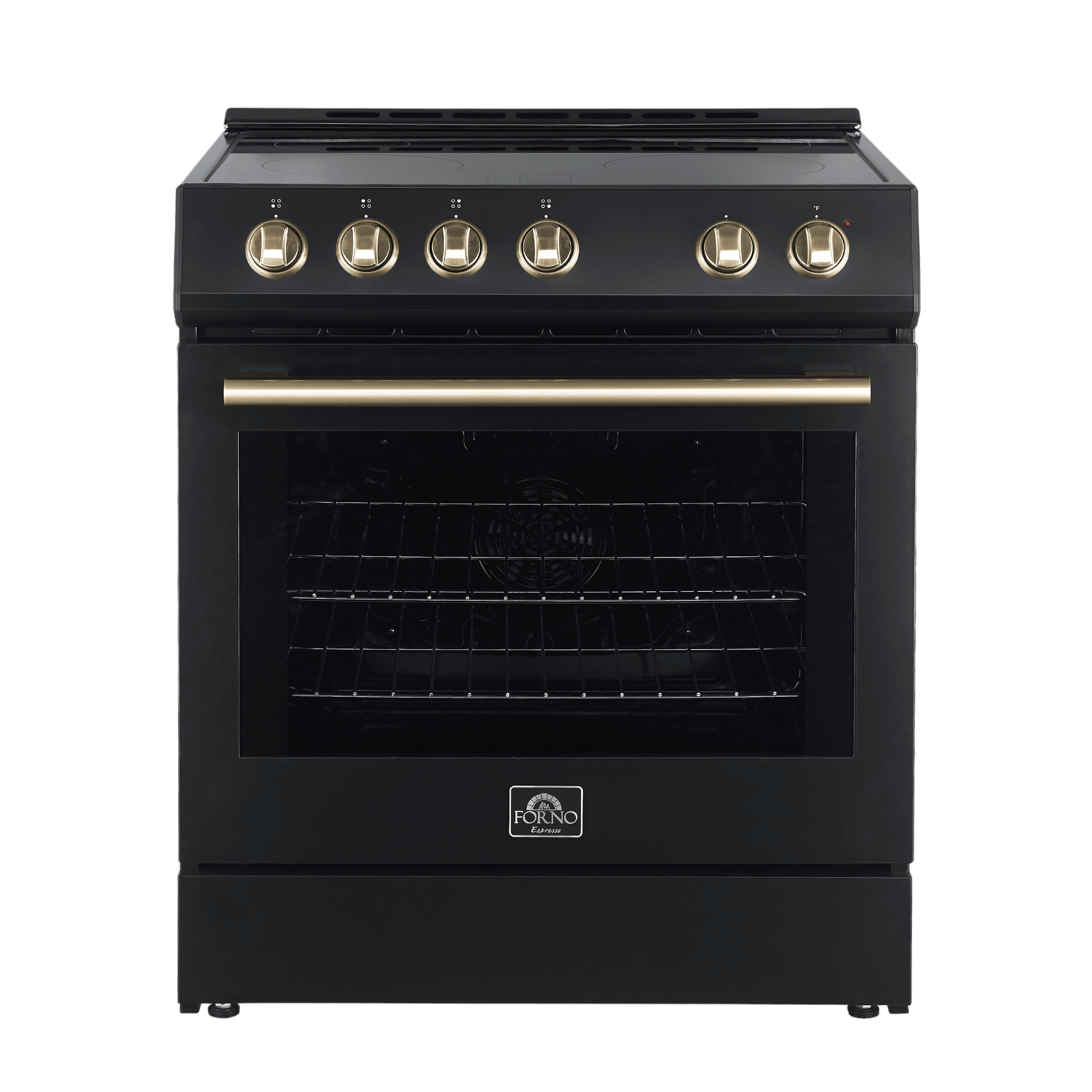 FORNO Leonardo Espresso 30-inch Slide-In Electric Range in Black, 4 Elements, 7,100 Watts, 5.0 cu.ft. Oven with Convection Fan, Antique Brass Knobs and Handle - Image 9