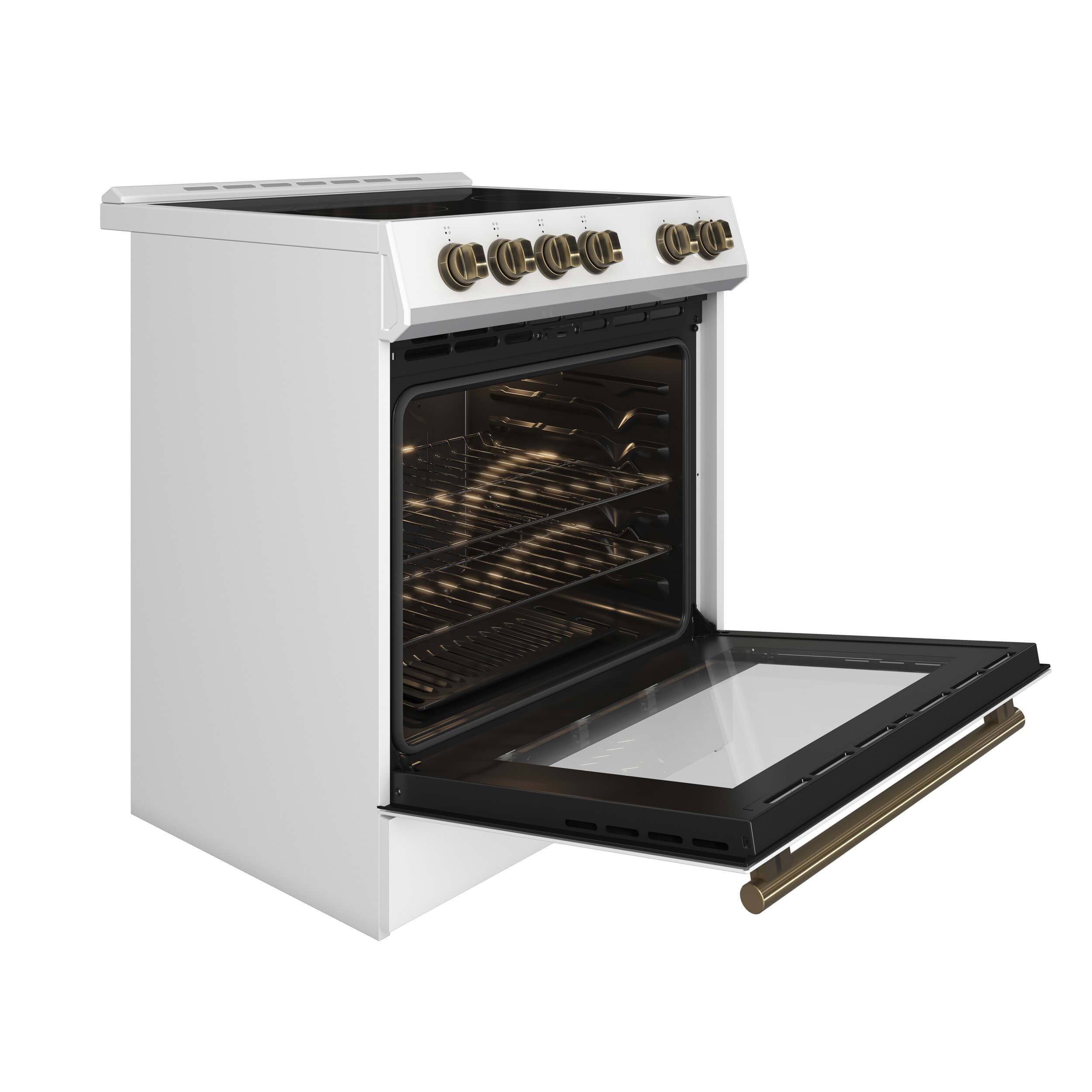 FORNO Leonardo Espresso 30-inch Slide-In Electric Range in White, 4 Elements, 7,100 Watts, 5.0 cu.ft. Oven with Convection Fan, Antique Brass Knobs and Handle - Image 7