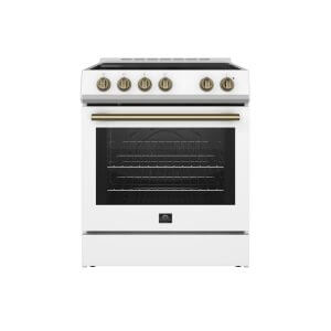 FORNO Leonardo Espresso 30-inch Slide-In Electric Range in White, 4 Elements, 7,100 Watts, 5.0 cu.ft. Oven with Convection Fan, Antique Brass Knobs and Handle