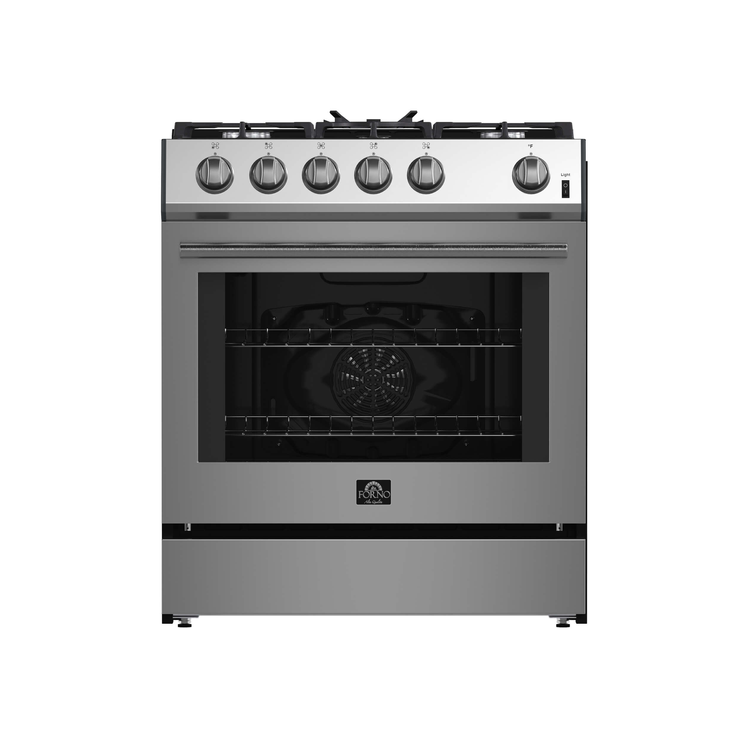 FORNO Leonardo 30-Inch Stainless Steel Gas Range, 5 cu.ft. Convection Oven, 5 Sealed Burners 39 500 BTU, Auto Re-Ignition, LP Conversion Kit Included