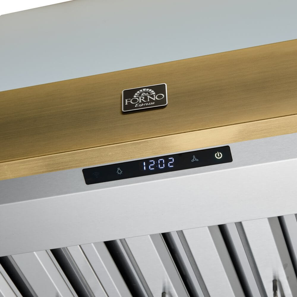 FORNO Vittorio 36" Wall Mount Range Hood in Black & Antique Brass Trim, 600 CFM with Baffle Filters & Remote Control - Image 7