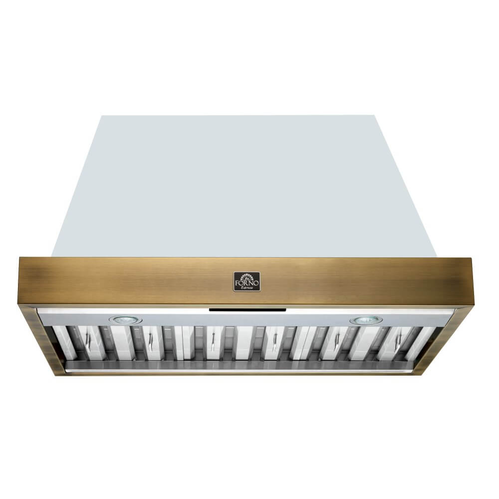 FORNO Vittorio 36" Wall Mount Range Hood in Black & Antique Brass Trim, 600 CFM with Baffle Filters & Remote Control