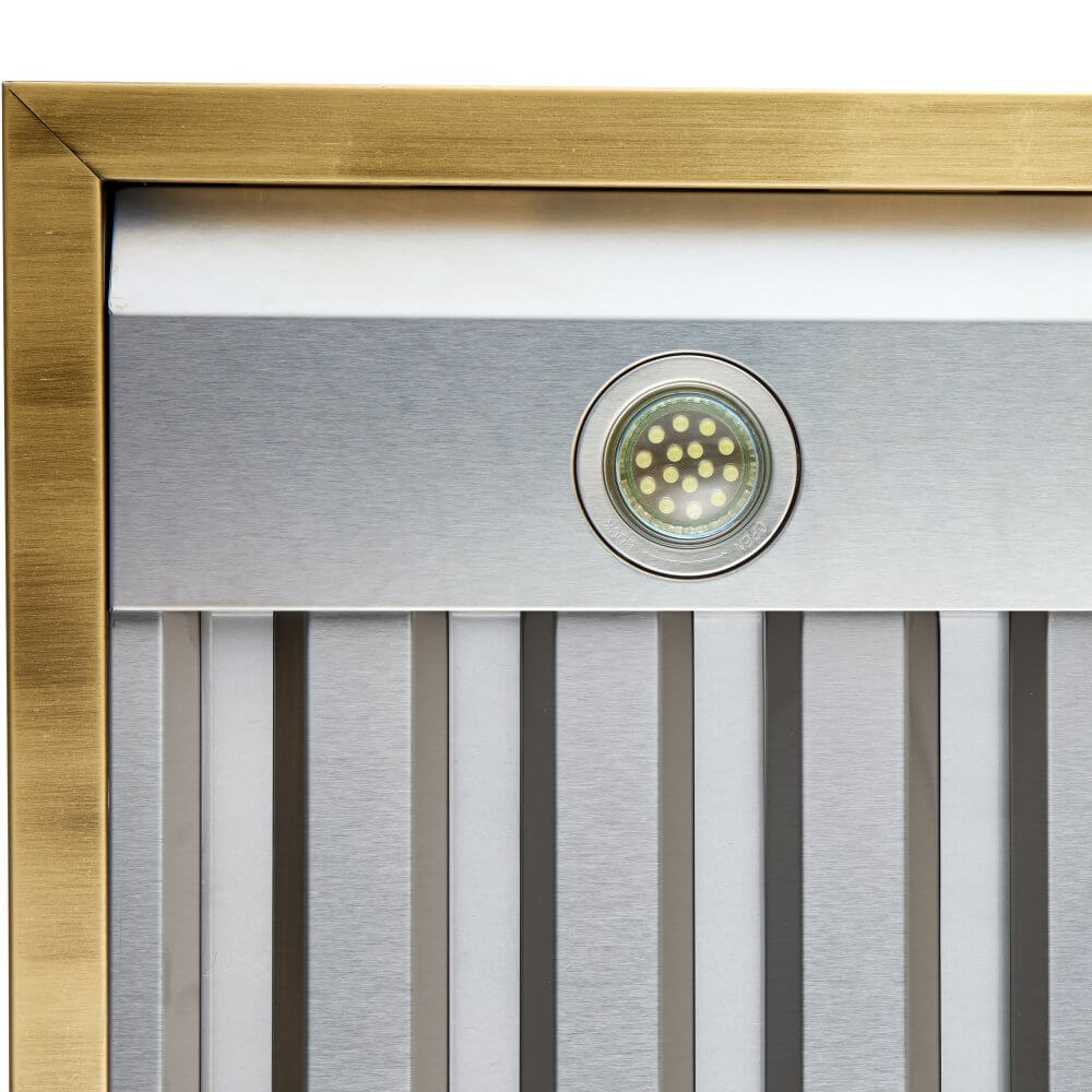 FORNO Vittorio 36" Wall Mount Range Hood in Black & Antique Brass Trim, 600 CFM with Baffle Filters & Remote Control - Image 6
