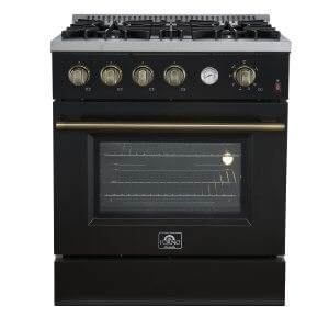 FORNO Marco 30-inch Gas Range Black & Antique Brass Design, 4 Burners 37,000 BTU, 4.32 cu.ft. Convection Oven with Built-In Temperature Gauge