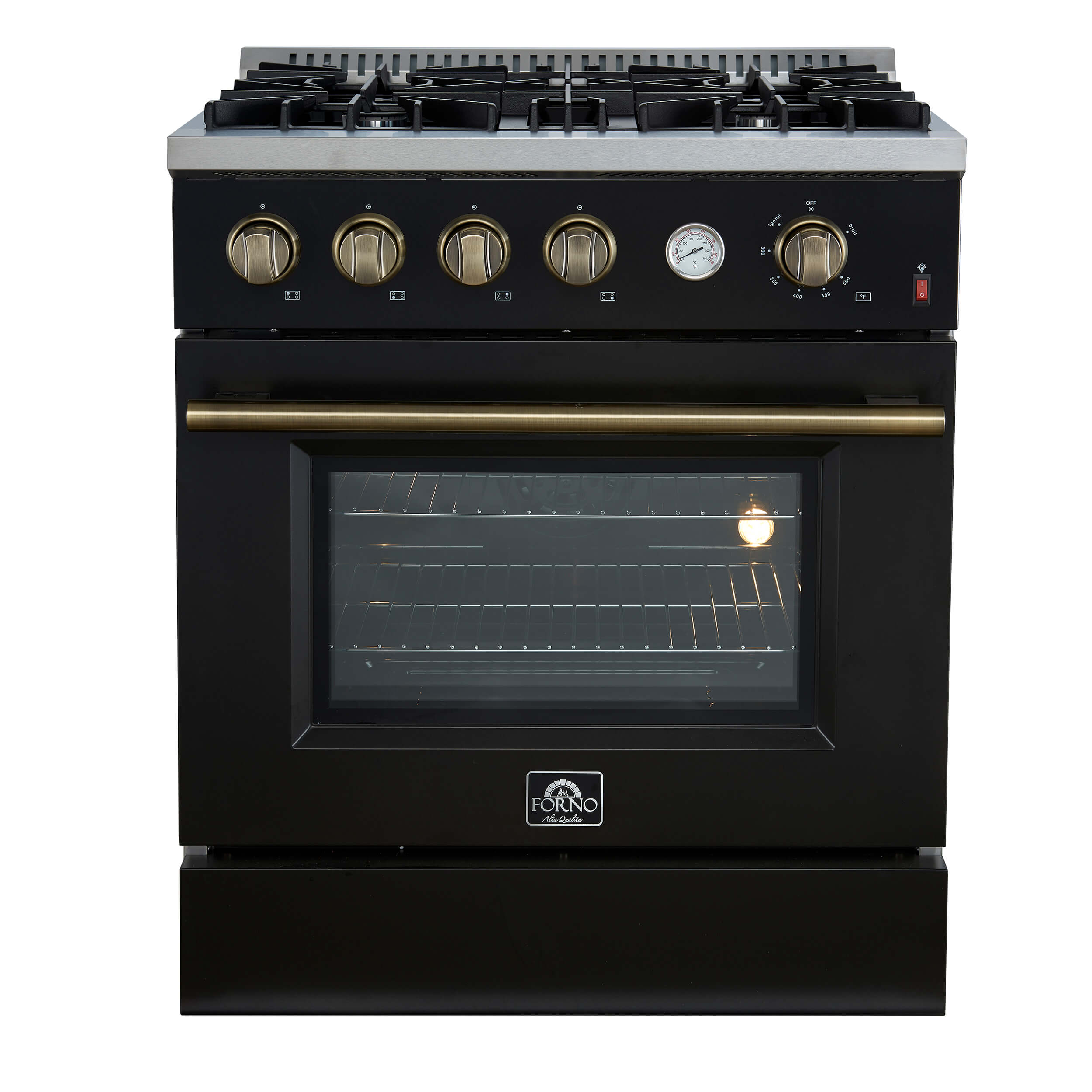 FORNO Marco 30-inch Gas Range Black & Antique Brass Design, 4 Burners 37,000 BTU, 4.32 cu.ft. Convection Oven with Built-In Temperature Gauge