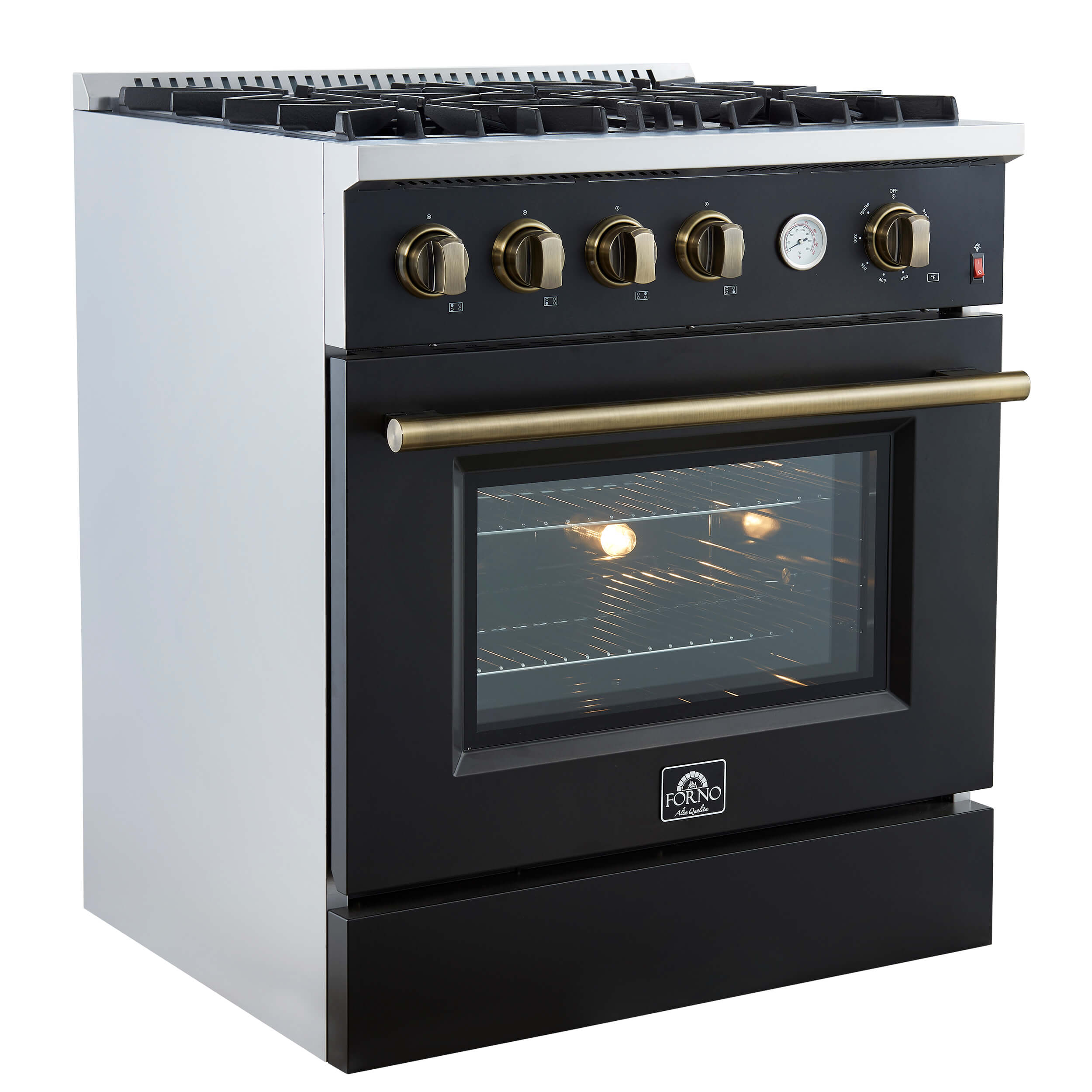 FORNO Marco 30-inch Gas Range Black & Antique Brass Design, 4 Burners 37,000 BTU, 4.32 cu.ft. Convection Oven with Built-In Temperature Gauge - Image 6