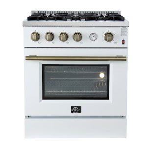 FORNO Marco 30-inch Gas Range Black & Antique Brass Design, 4 Burners 37,000 BTU, 4.32 cu.ft. Convection Oven with Built-In Temperature Gauge