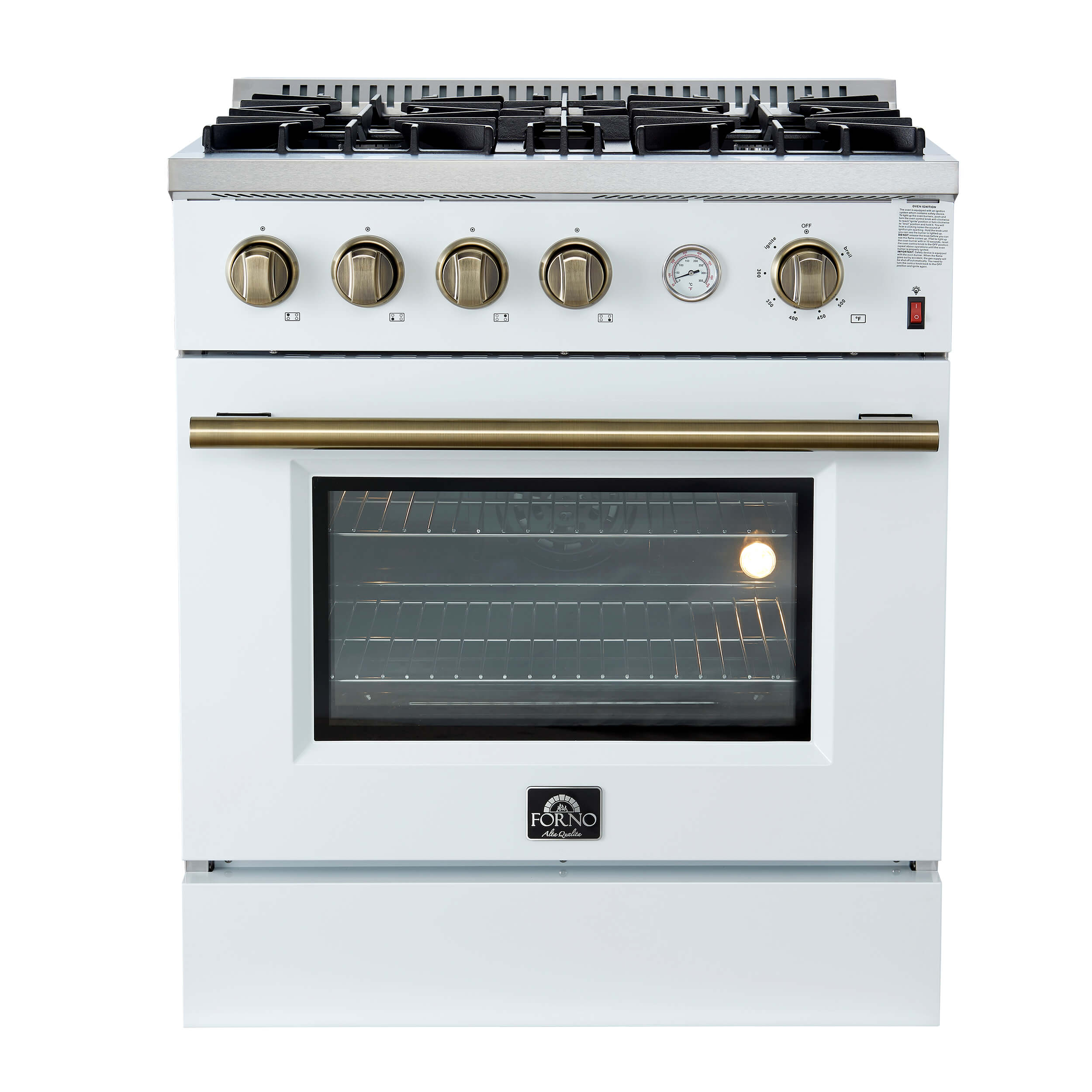 FORNO Marco 30-inch Gas Range Black & Antique Brass Design, 4 Burners 37,000 BTU, 4.32 cu.ft. Convection Oven with Built-In Temperature Gauge